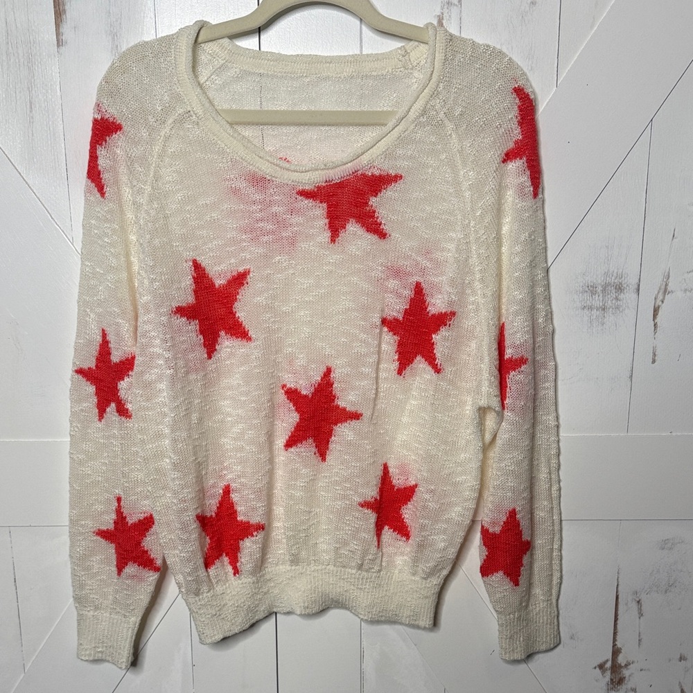 Cream with Red Star Pattern Lightweight Sheer Women's Sweater